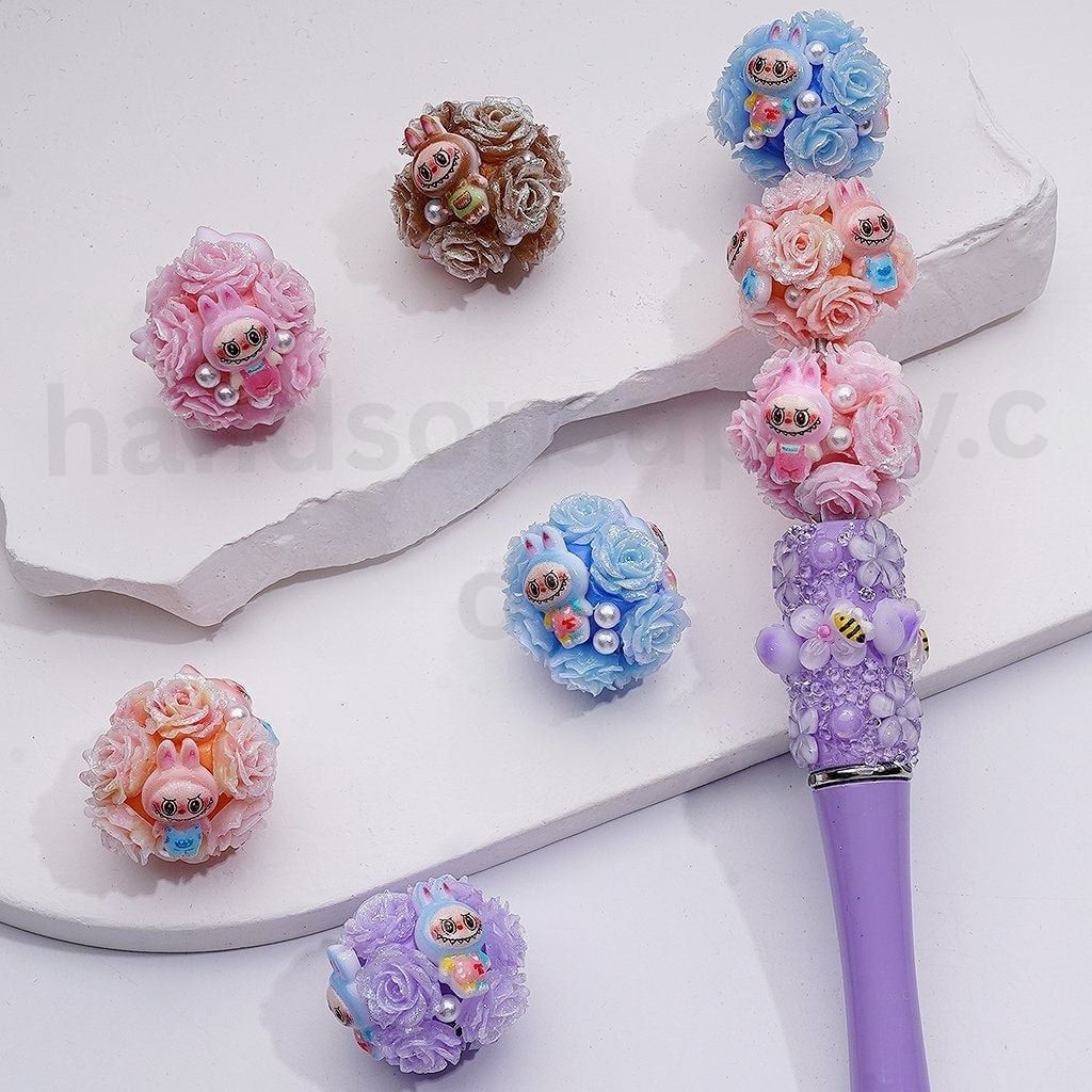 Glitter Flowers Labub Cute White Pearls Round Clay Beads, 20MM, Random Mix