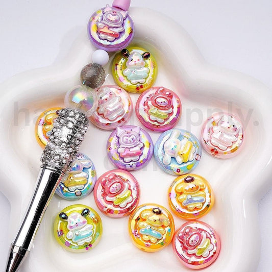 Adorable Family UV Coated Cute Cat Character, Kurom, Pochacc, Po Po Puri with Swim Ring Acrylic Beads 23MM Random Mix