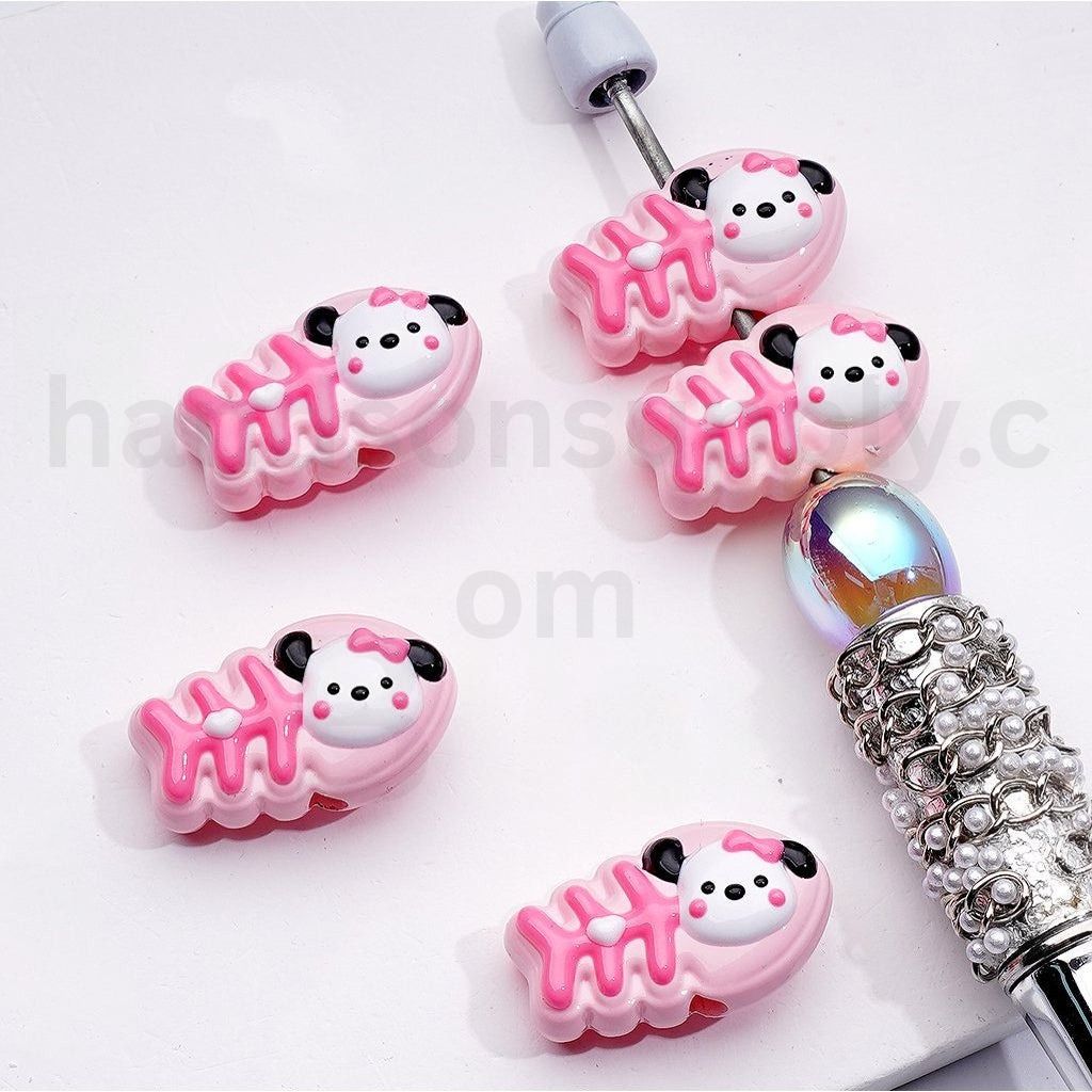 Cute Pink Fish Bone with Pochacc Head Hand Painted Acrylic Beads, 15*25MM