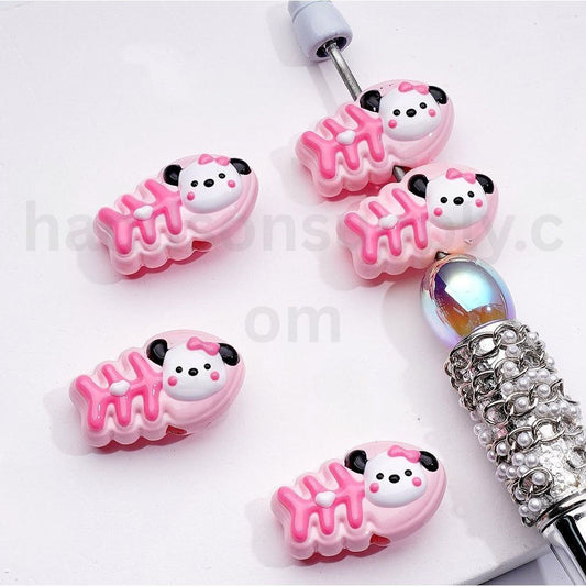 Cute Pink Fish Bone with Pochacc Head Hand Painted Acrylic Beads, 15*25MM