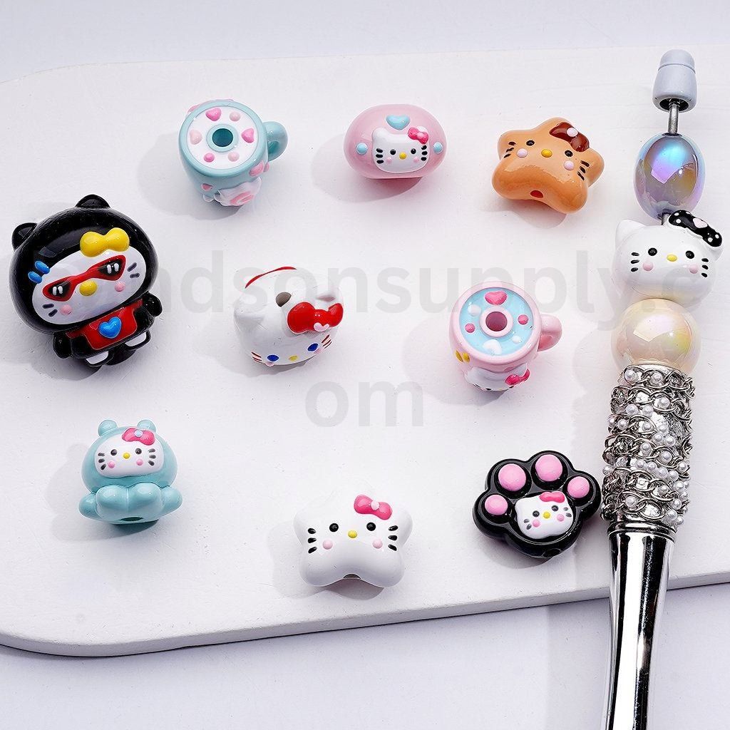 Cute Cat Character Cup Star Paw Prints Hand Painted Acrylic Beads Mix