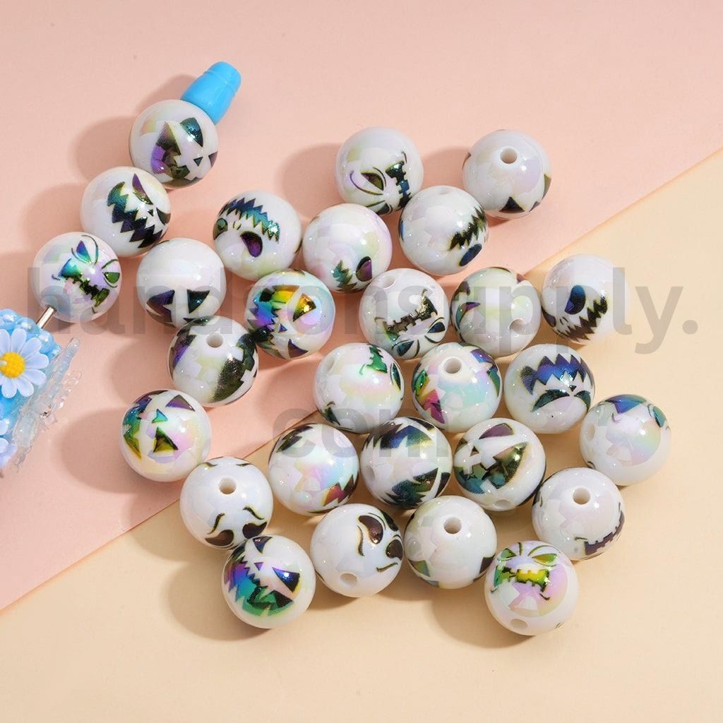 UV Coated Skeleton Couple Face Design White Acrylic Beads 16MM, Random Mix