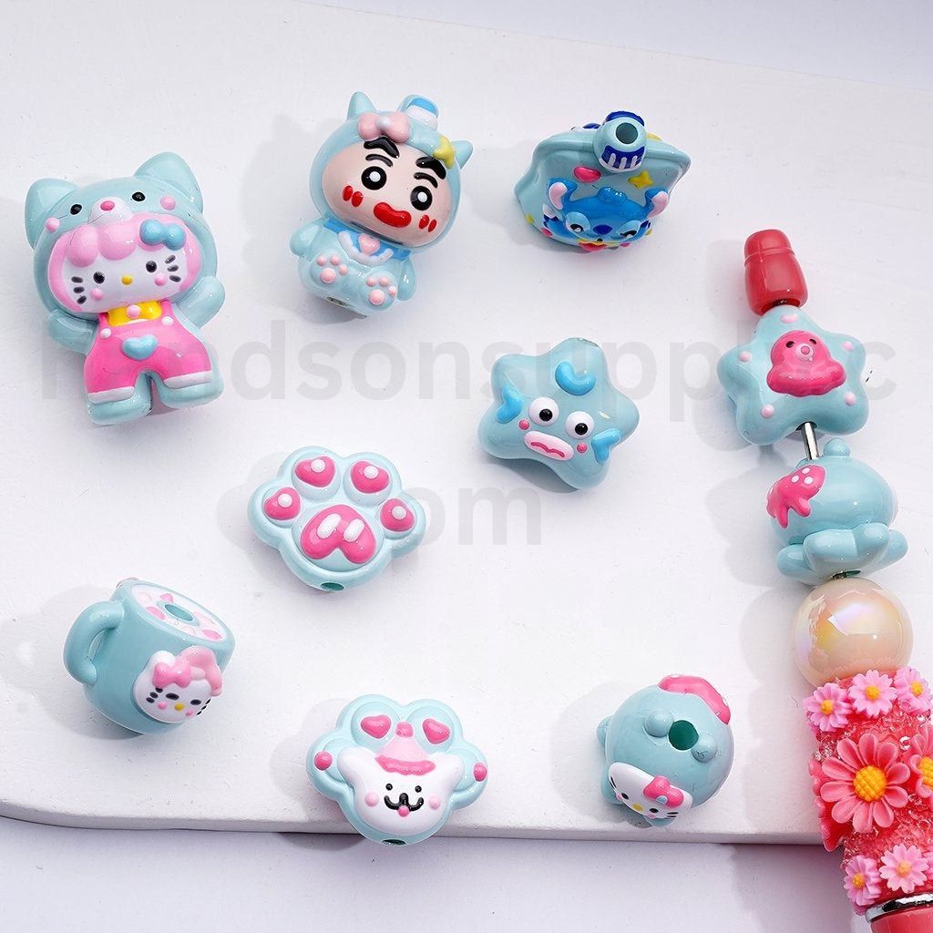 Blue Cartoon Cute Crayo Shin-cha Cute Cat Character Blue Monster Hand Painted Acrylic Beads Mix