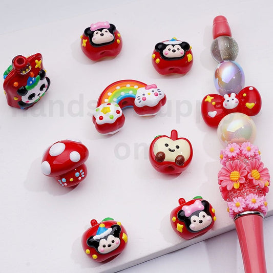 Red Cute Cat Micke Minni Bows Apples Mushroom Rainbow Sucking Jelly Hand Painted Acrylic Beads Mix