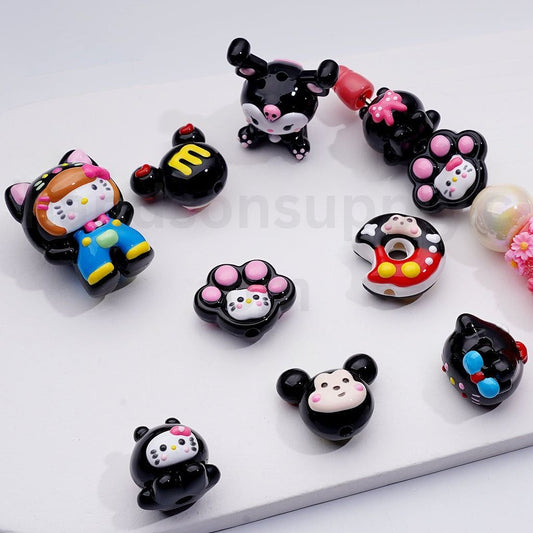 Kurom Micke Cute Cat Character Paw Prints Cute Black Color Series Hand Painted Acrylic Beads Mix