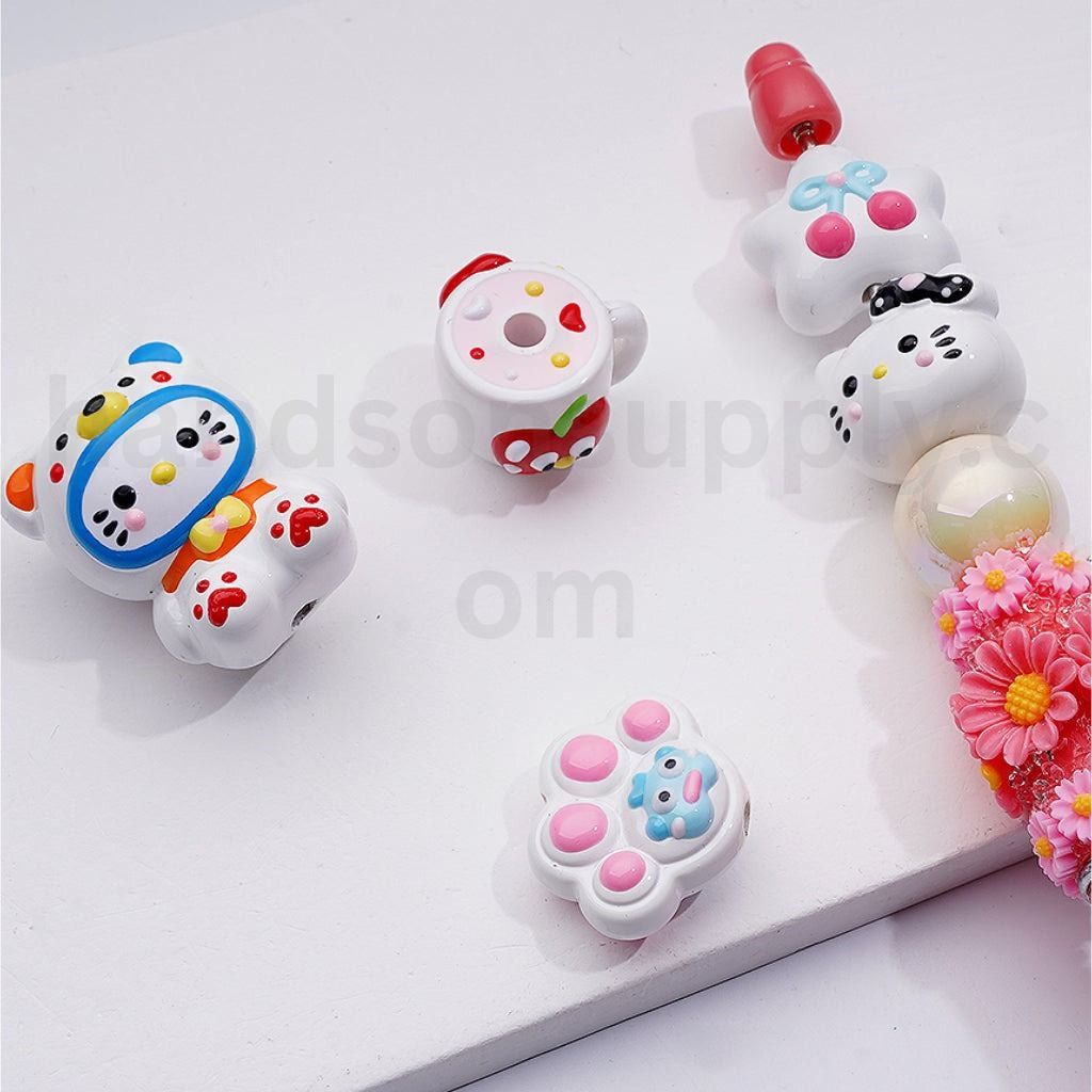 Cute White Color Series Cute Cat Character Hand Painted Cup Star Paw Prints Acrylic Beads Mix