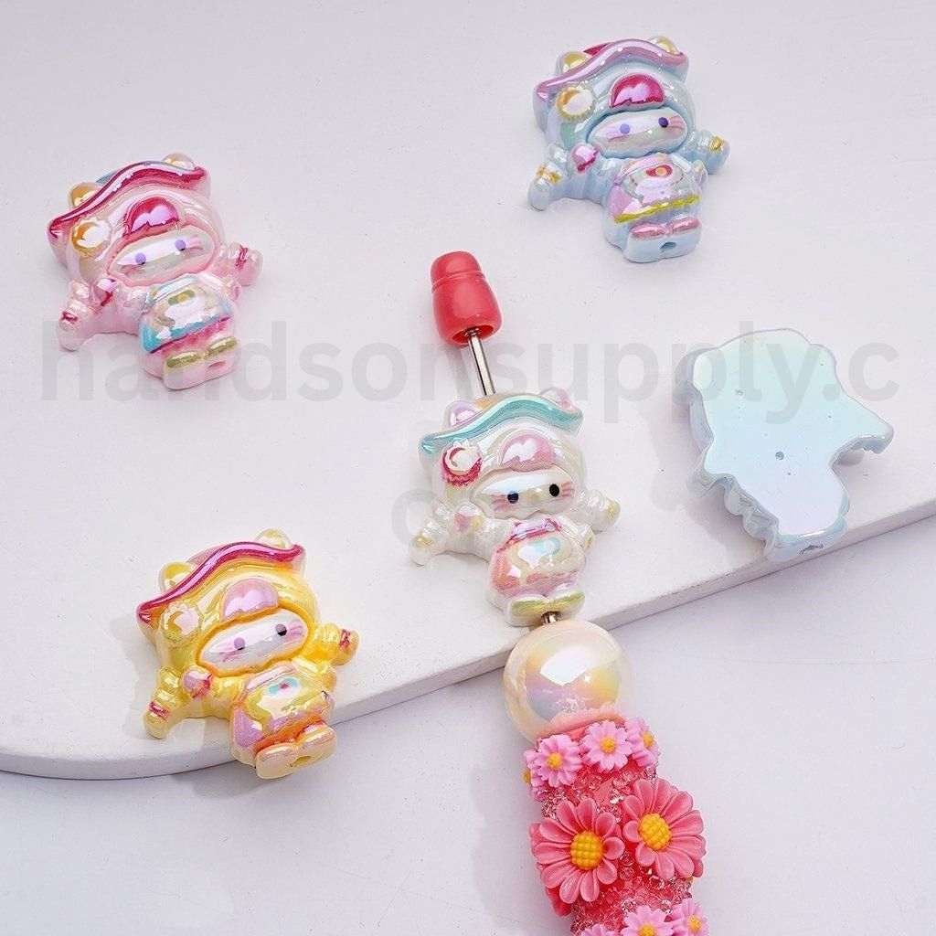 Cute Cat Character Face Girl UV Coating Cute Acrylic Beads, 29*26MM, Random Mix