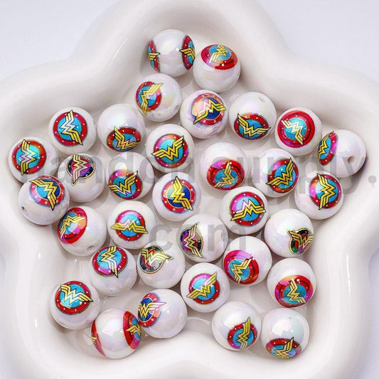 UV Coated Movie-Inspired Acrylic Beads Wonder Woman White Round Design, 16MM Random Mix