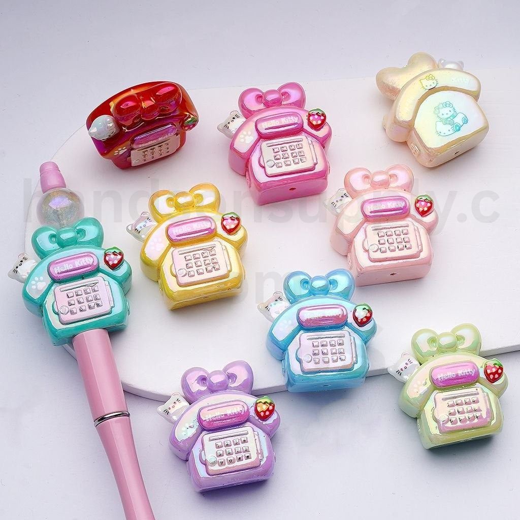 Cute Cat Character Telephone Acrylic Beads with Strawberry Bowknot UV Coated Size 38*38*18MM Random Mix