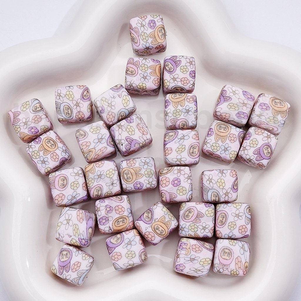 Cube Square Cute Labub Flowers Printed Silicone Beads 14MM