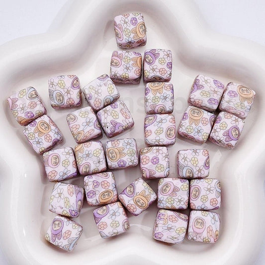 Cube Square Cute Labub Flowers Printed Silicone Beads 14MM