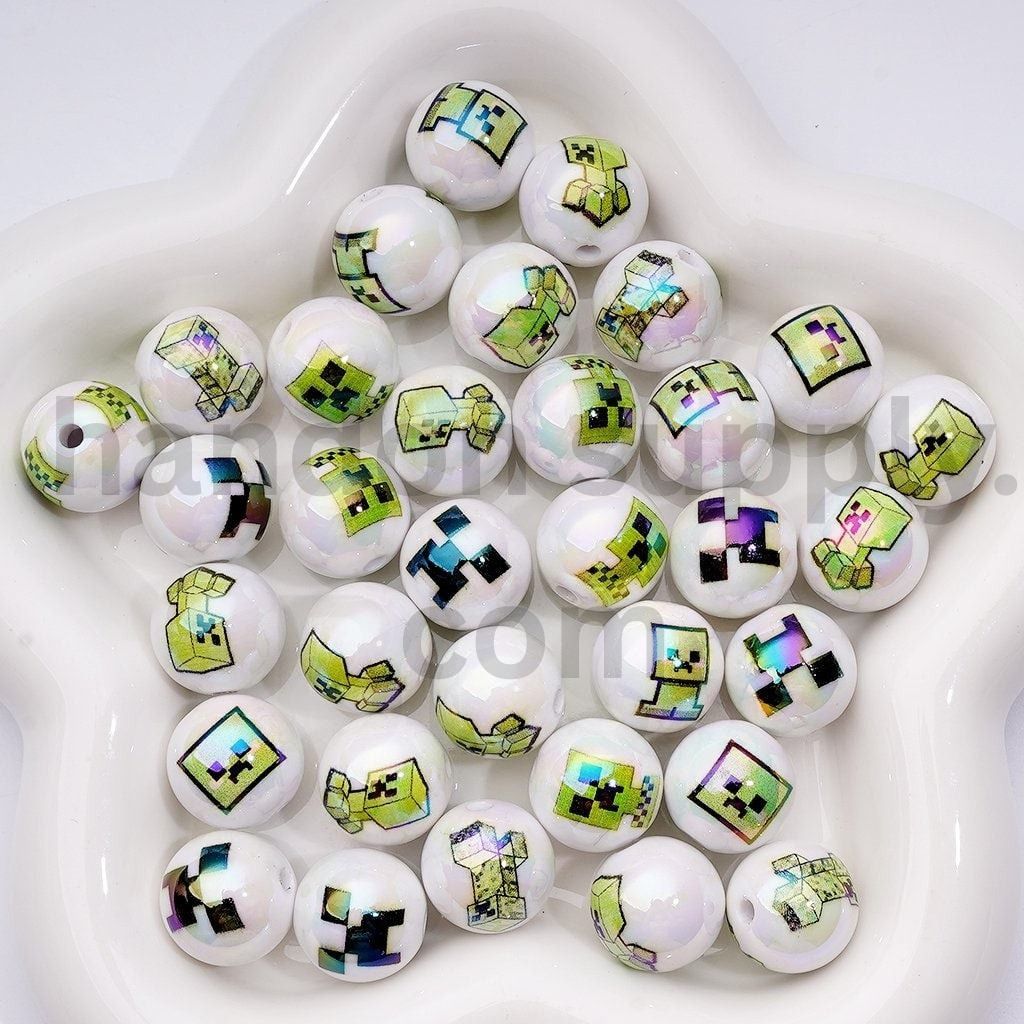 UV Coating Sandbox Game Monster Series White Round Acrylic Beads, 16MM, Random Mix
