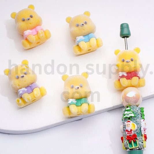 Cute Yellow Bear Design Flocked Acrylic Beads, 22×30MM, Random Mix