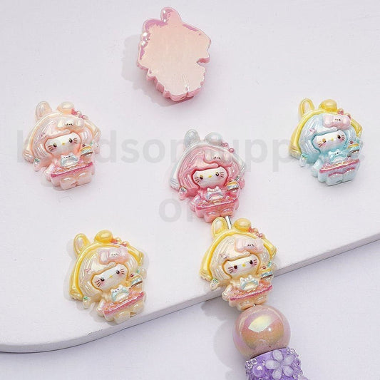 Cute Girl with Cute Cat Character Face UV Coating Acrylic Beads, 27*23MM, Random Mix