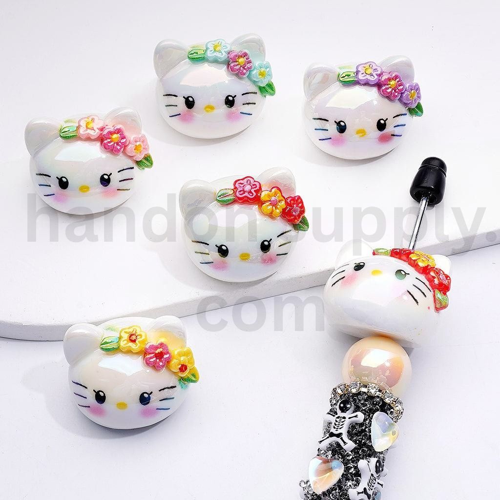 UV Coated Sanri Hello Kitty Heads with Flowers Acrylic Beads 28*23MM Random Mix
