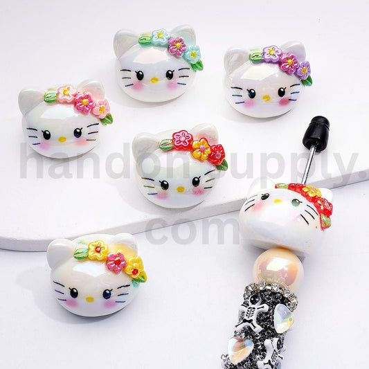 UV Coated Sanri Hello Kitty Heads with Flowers Acrylic Beads 28*23MM Random Mix