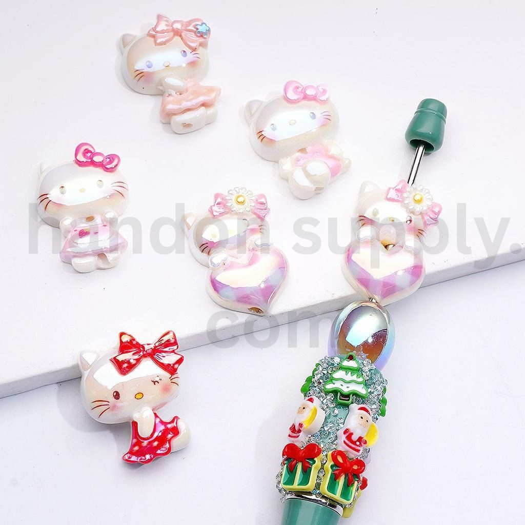 UV Coated Vivid Cute Cat Character Heart Designs Pink Series Sanri Style Acrylic Beads Random Mix