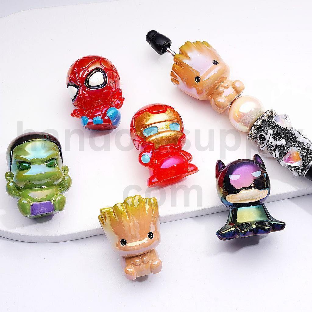 UV Coated Vivid Marvel Superhero Designs Iron Man, Batman, Spider-Man, Hulk, Plant Creature Acrylic Beads Random Mix