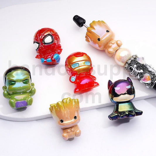 UV Coated Vivid Marvel Superhero Designs Iron Man, Batman, Spider-Man, Hulk, Plant Creature Acrylic Beads Random Mix