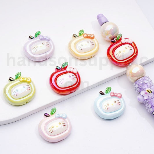 UV Coated Cute Cat Character with Apple Design Acrylic Beads 26*26MM, Random Assortment