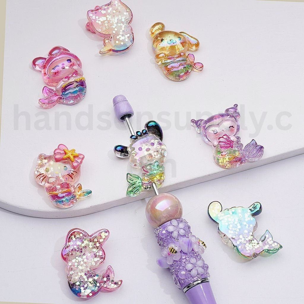 UV Coating Shiny Flakes Inisde Acrylic Beads Cute Adorable Family Cute Cat Character My Melod Pochacc Kurom Pom Pom Puri Mermai, Random Mix