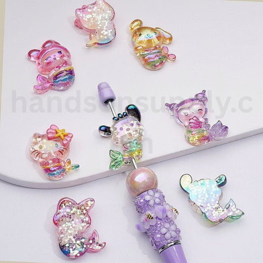 UV Coating Shiny Flakes Inisde Acrylic Beads Cute Adorable Family Cute Cat Character My Melod Pochacc Kurom Pom Pom Puri Mermai, Random Mix
