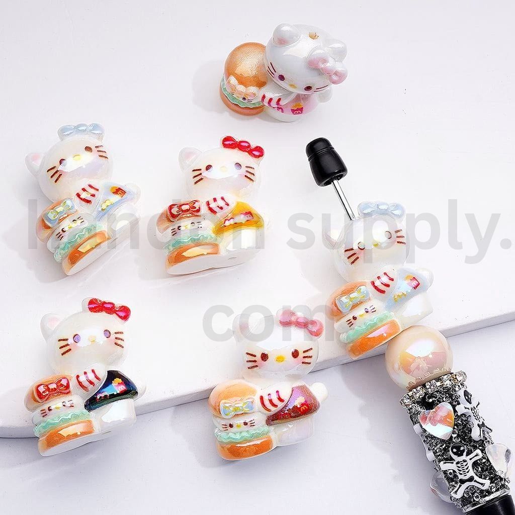 UV Coating Cute Cat Character with Hamburger Design Acrylic Beads 30*28MM, Random Mix