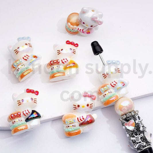 UV Coating Cute Cat Character with Hamburger Design Acrylic Beads 30*28MM, Random Mix