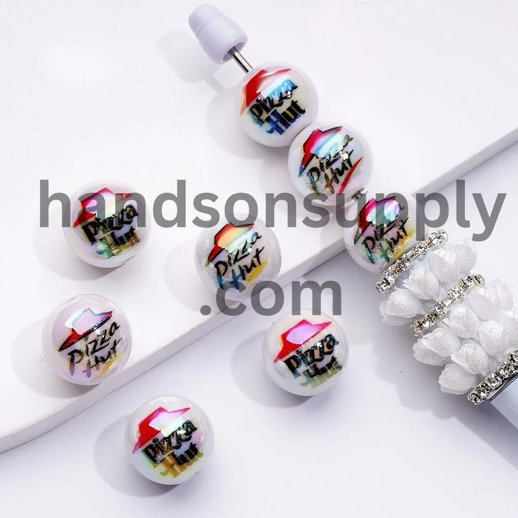 White Color Pizzahu Round UV Coating Acrylic Beads, 16MM, Random Mix