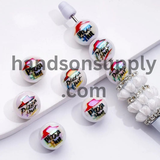 White Color Pizzahu Round UV Coating Acrylic Beads, 16MM, Random Mix