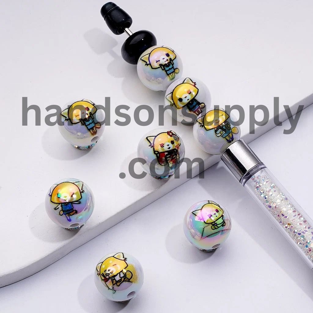 Cute Red Panda Aguresshib Retsuk Adorable Character White Round UV Coating Acrylic Beads, 16MM, Random Mix