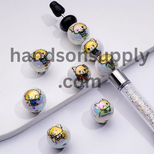 Cute Red Panda Aguresshib Retsuk Adorable Character White Round UV Coating Acrylic Beads, 16MM, Random Mix
