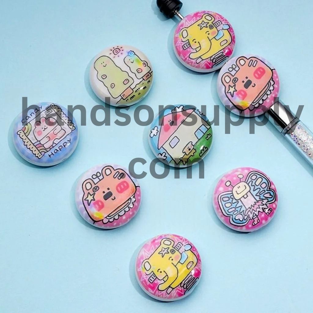 Round Flat Cute Cartoons Acrylic Beads, Random Mix, Around 28MM
