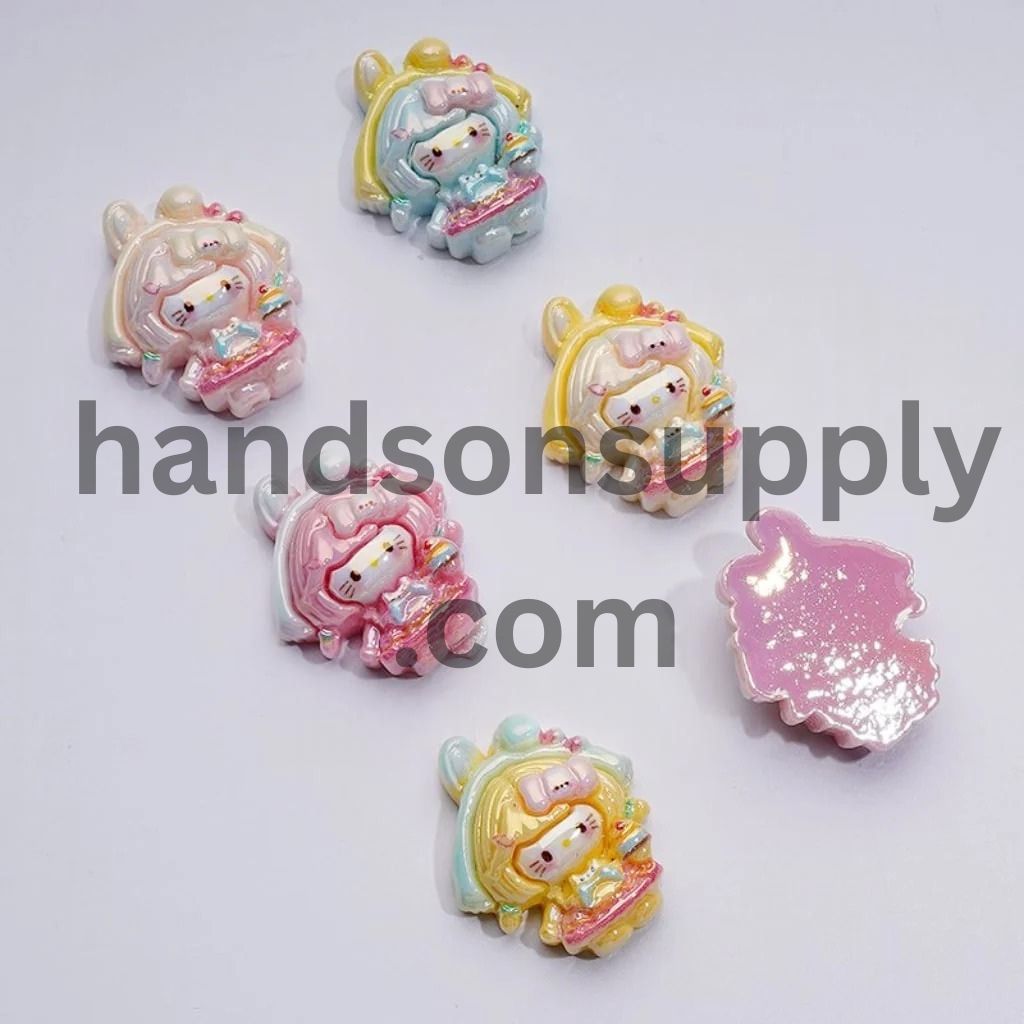 Vivid Adorable Cute Cat Character with Long Hair Dress Hair Band Girl Holds Ice Cream UV Coating Acrylic Beads, Around 28*23MM, Random Mix