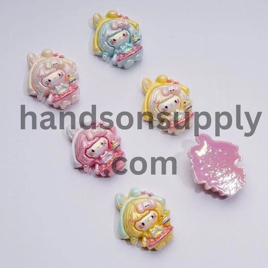 Vivid Adorable Cute Cat Character with Long Hair Dress Hair Band Girl Holds Ice Cream UV Coating Acrylic Beads, Around 28*23MM, Random Mix