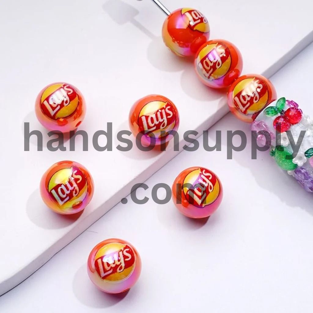 Orange Color La Potato Chips Round UV Coating Acrylic Beads, 16MM