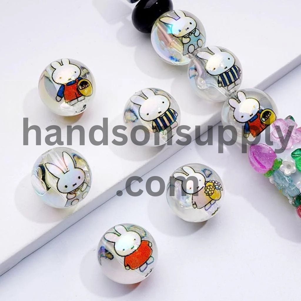 Cute Bunny Rabbit Miff Clear Round UV Coating Acrylic Beads, 16MM, Random Mix