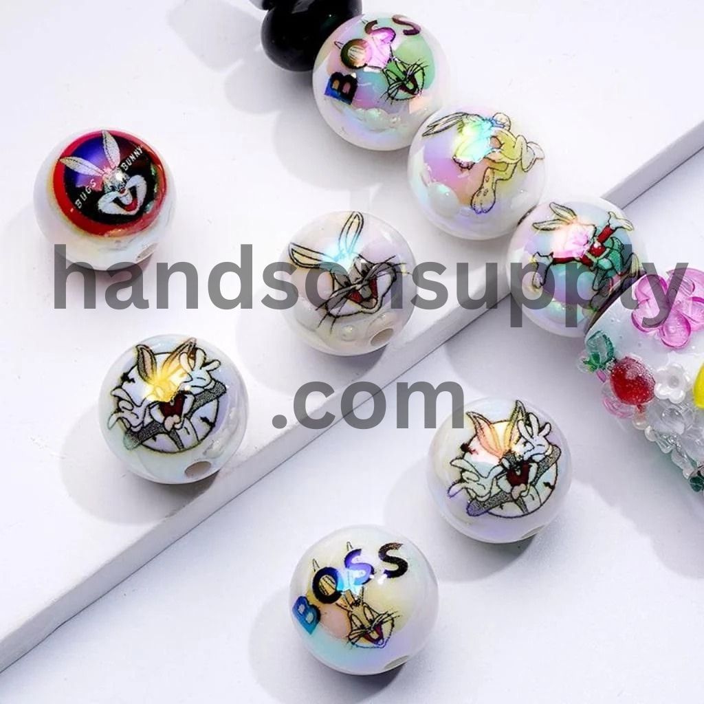 White Round UV Coating Bu Bunny Acrylic Beads, 16MM, Random Mix