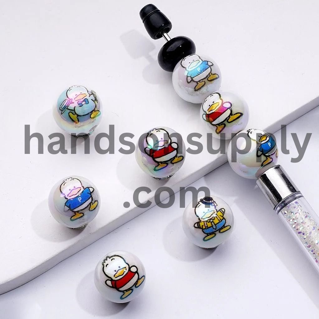 Cute Duck Pekkl Adorable Character White Round UV Coating Acrylic Beads, 16MM, Random Mix