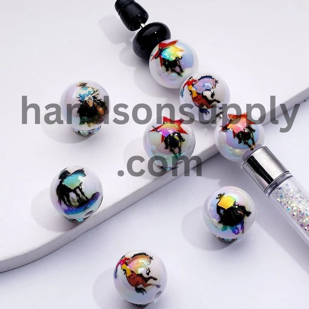 Cool Knight Horseman White Round UV Coating Acrylic Beads, 16MM, Random Mix