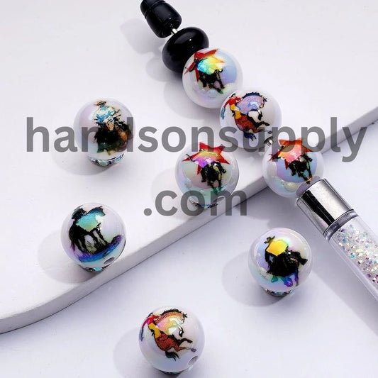 Cool Knight Horseman White Round UV Coating Acrylic Beads, 16MM, Random Mix