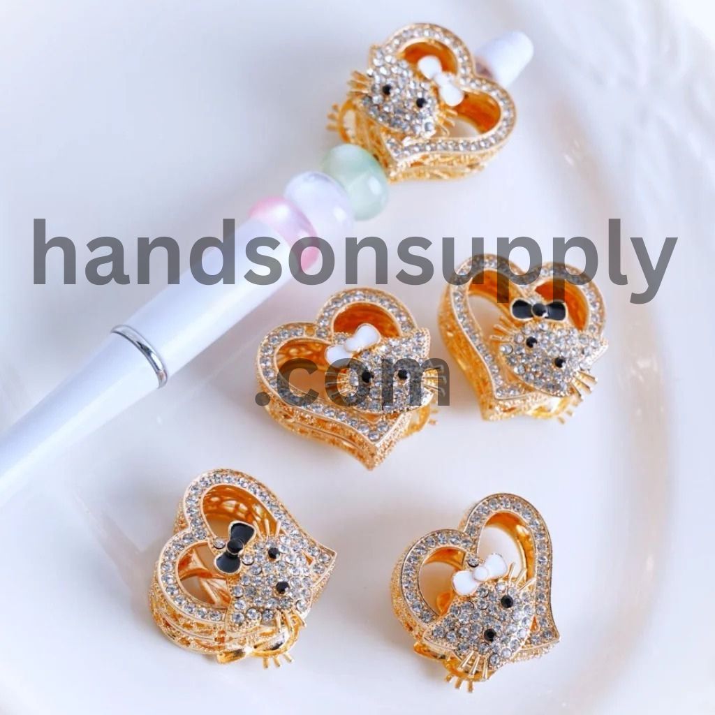 Vivid Cute Heart Cat Character & Clear Rhinestones Gold Metal Beads 27×28MM