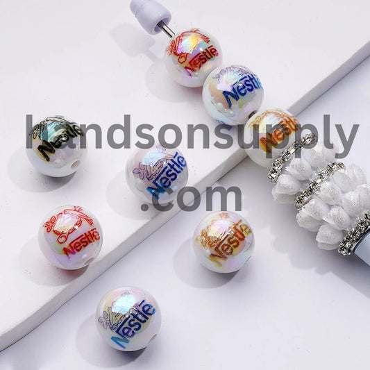 Nestl Coffee White Round UV Coating Acrylic Beads, 16MM, Random Mix