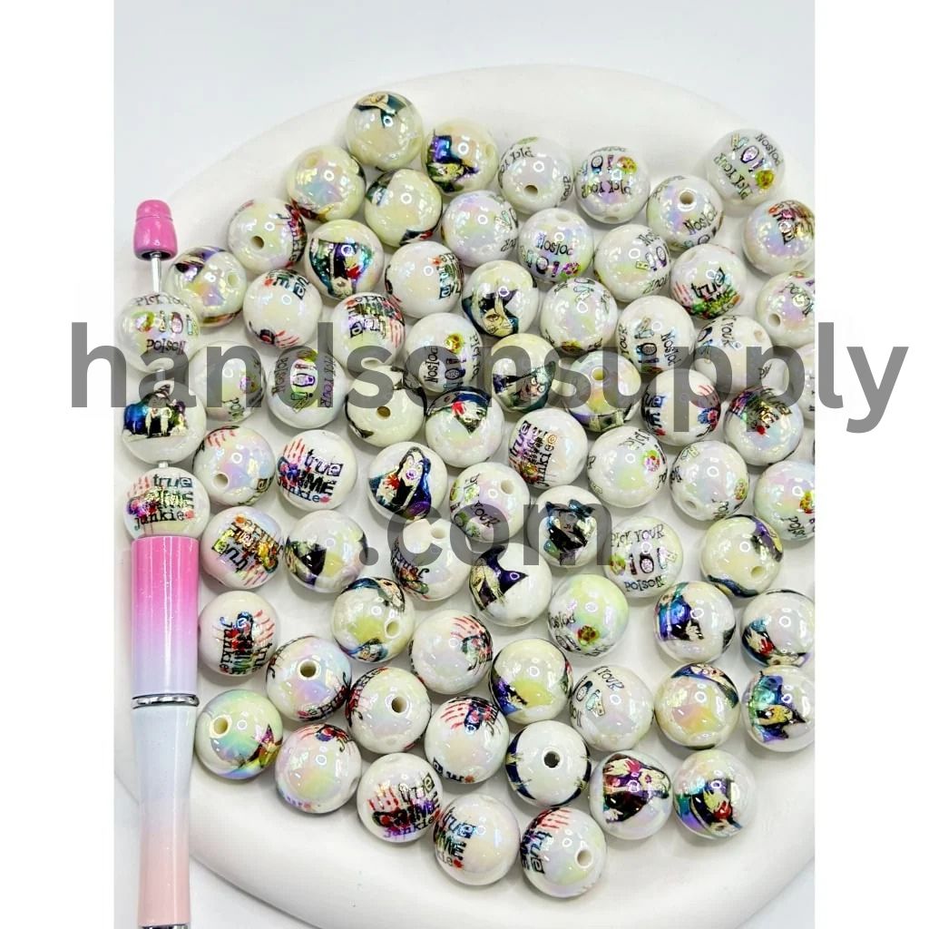 UV Coating White Acrylic Beads with Poison Prints, Random Mix, 16MM