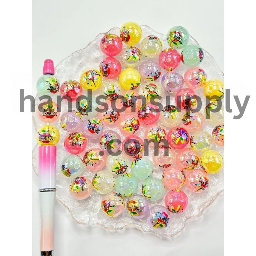 Round Thank You Teacher Jelly Color Acrylic Beads, Random Mix, 16MM