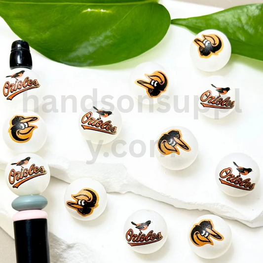 Baltimore Orioles Baseball Theme 16MM Frosted White Round Acrylic Beads Random Mix