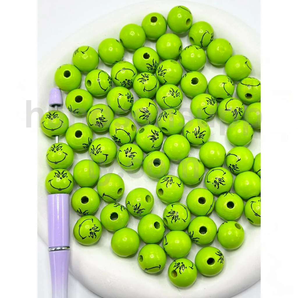 Green Monster Character Christmas Design 16MM Round Beads Wooden Beads