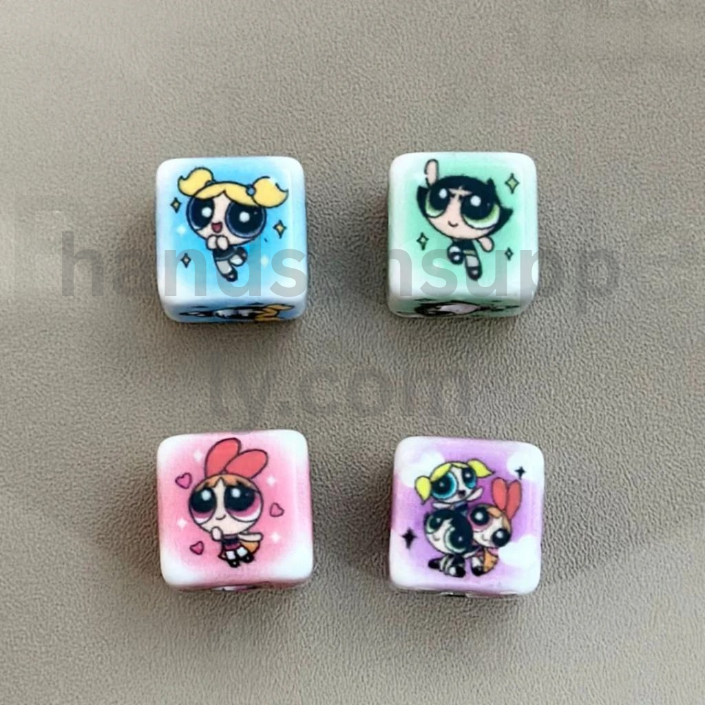 Powerpuff Girls Theme Colorful Cartoon Cube 14MM Beads Random Mix Acrylic Beads