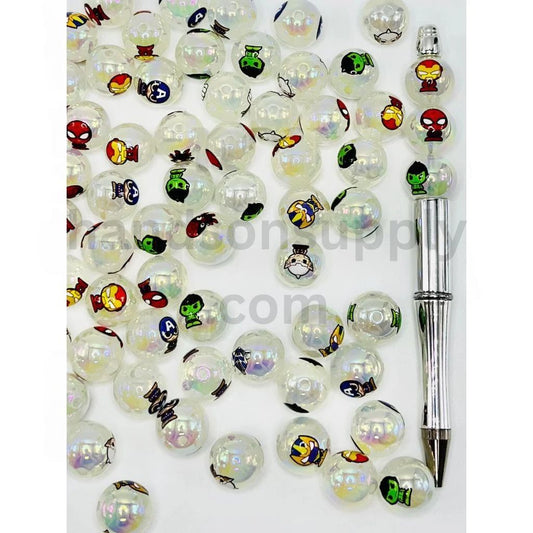 White UV Finish Acrylic Beads with Baby Superheroes Double Sided, 16mm, XY Style