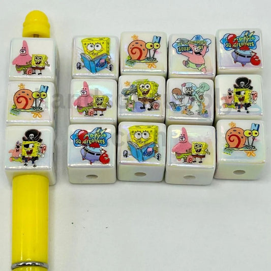Cute Sponge Cartoon Character Cube Acrylic Beads, 16mm, Random Mix